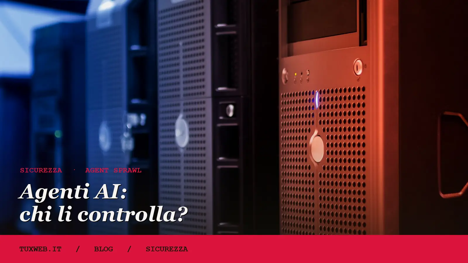 Sala server in penombra: gli agenti AI lavorano in autonomia dentro l'infrastruttura aziendale.